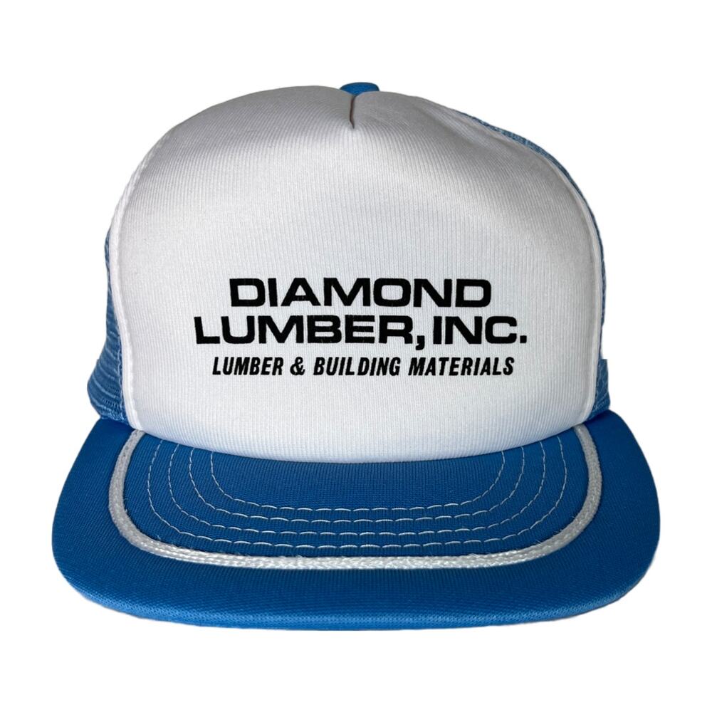Trucker Hat Light Blue White, Logo Front Mesh Back Lumber Construction Vintage